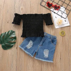 Kids Girls Summer Outfit Off Shoulder Crop Top + Ripped Denim Shorts Set Casual Clothes ~SSZFV